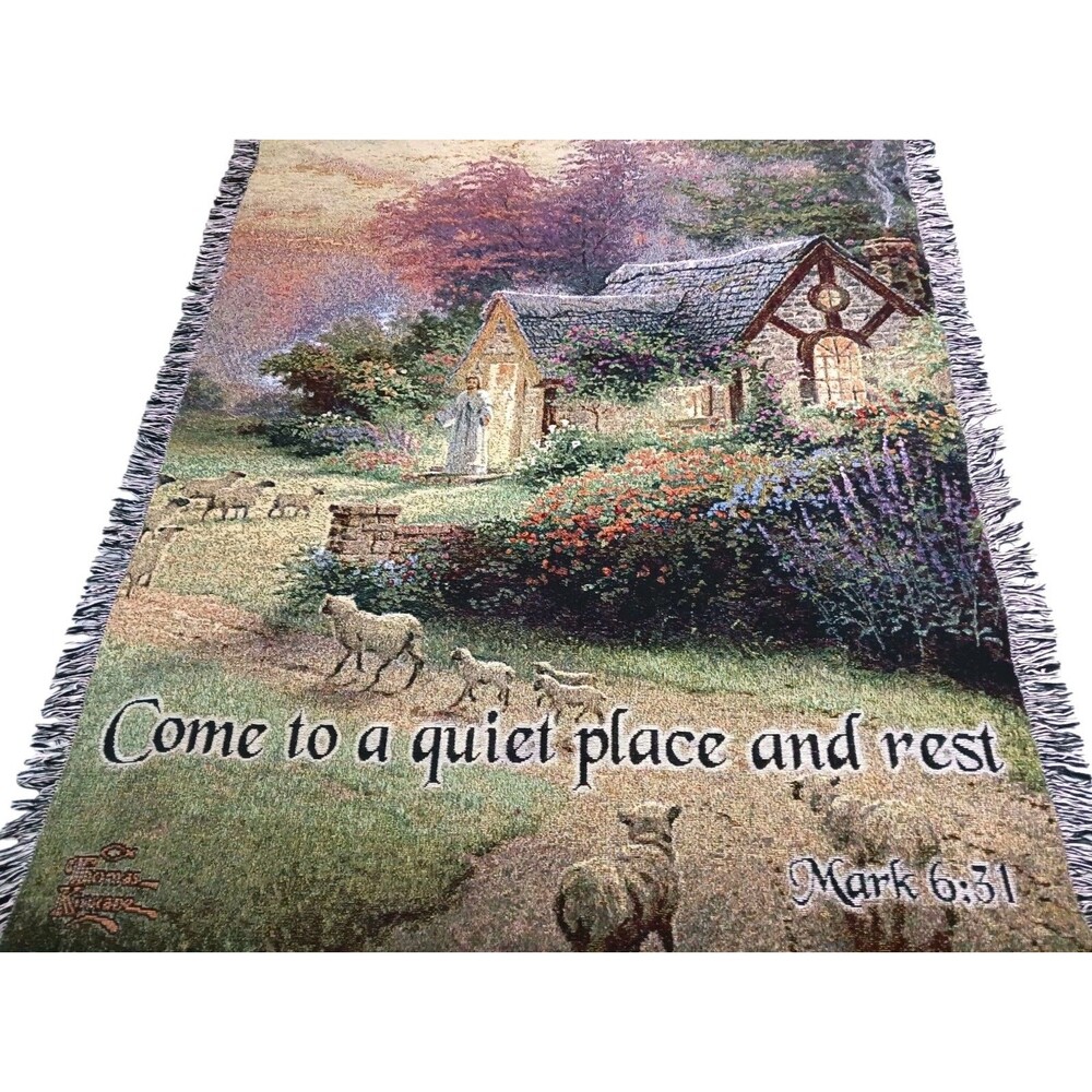 Thomas Kinkade Tapestry Throw Blanket Good Shepherds Cottage Mark 6:31 Sympathy - Picture 2 of 6